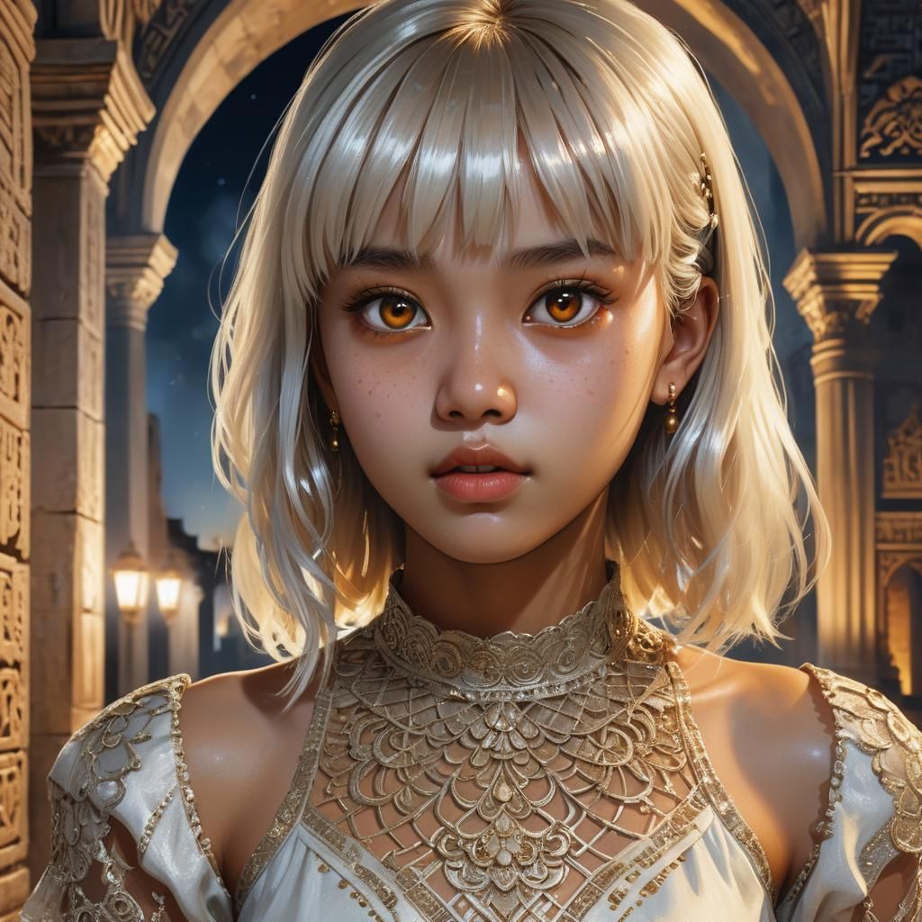 Amber-Eyed Woman in Palace, Hyperrealistic Splash Art