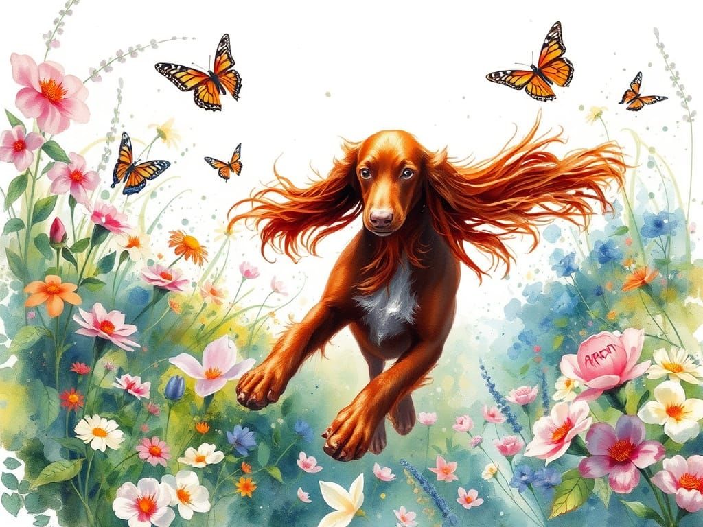 Irish Setter in Spring Garden, Expressive Watercolor