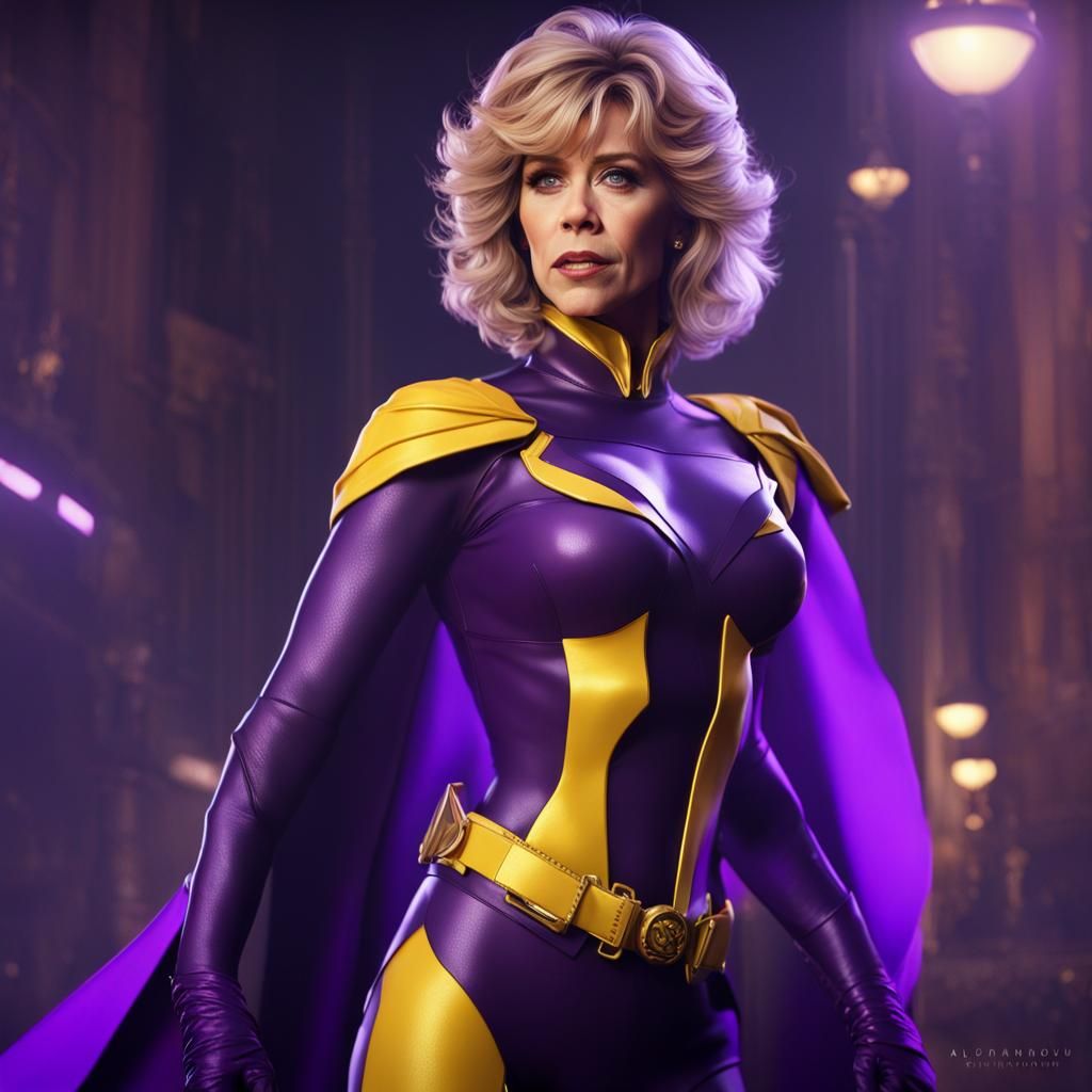 Jane Fonda as a Superhero in Dark Fantasy Style