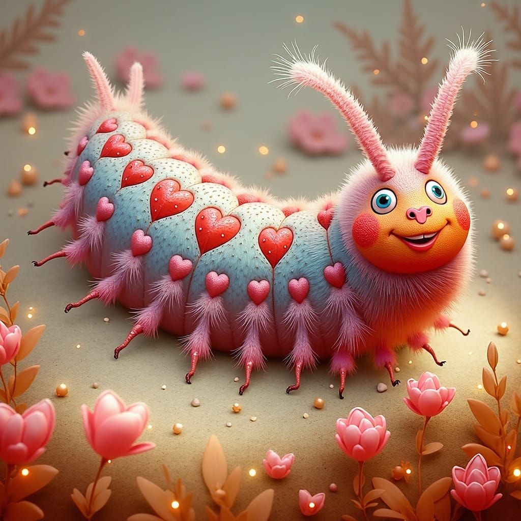 Adorable Love Bug Caterpillar in Dreamy Floral Scene