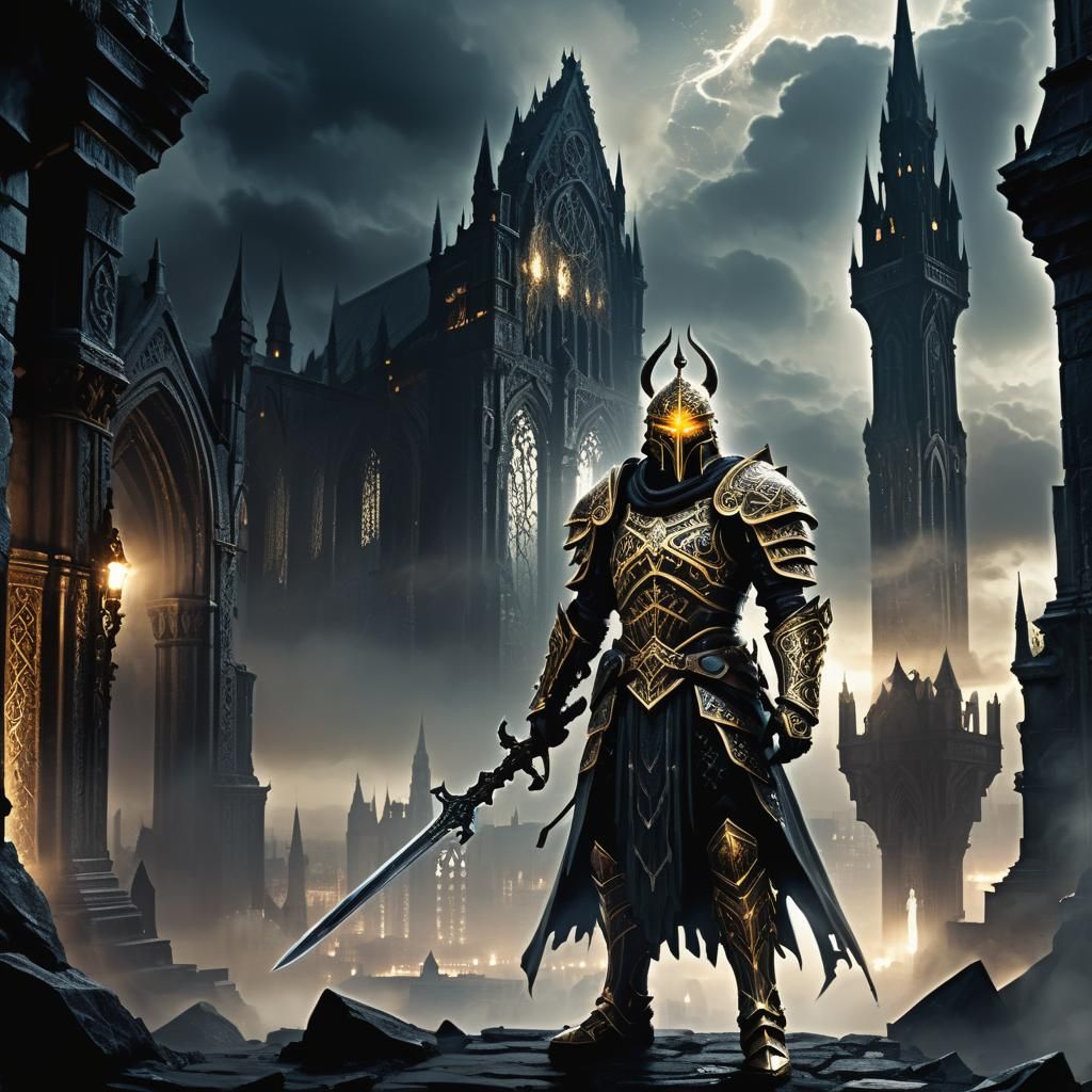 Ethereal Warrior Confronts Dark Fantasy Cityscape