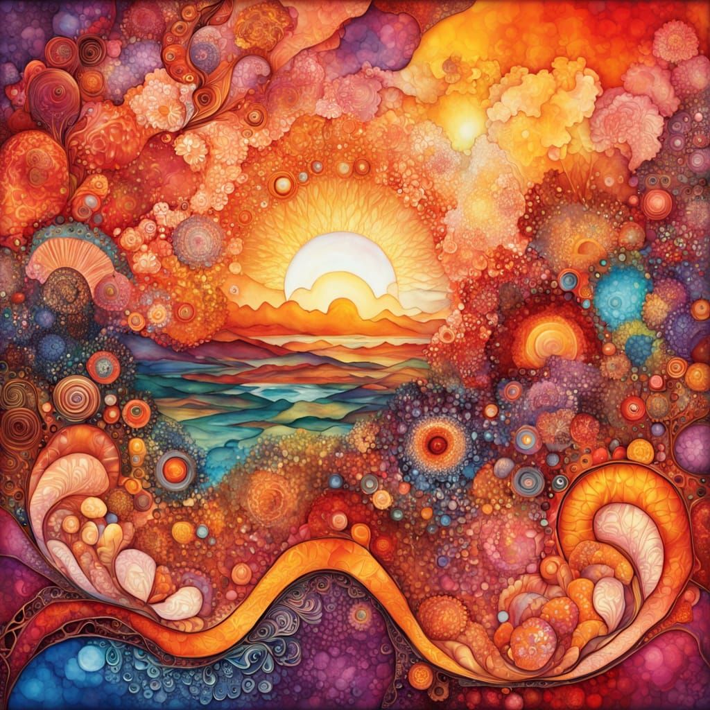 Surreal Sunset Landscape in Vibrant Alcohol Ink