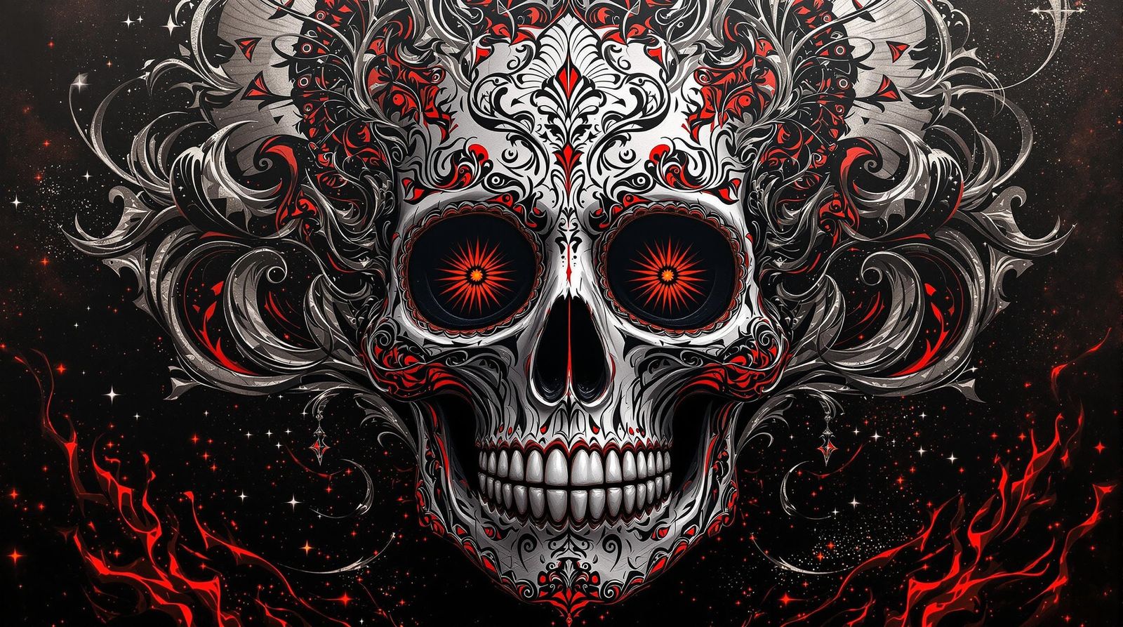 Vibrant Skull in Dark White and Red Graffiti