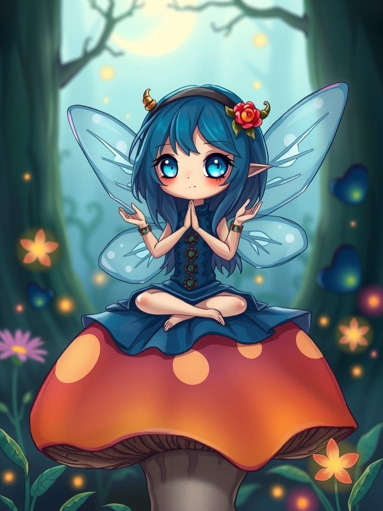 Chibi Fairy in Blue Meditates on Mushroom