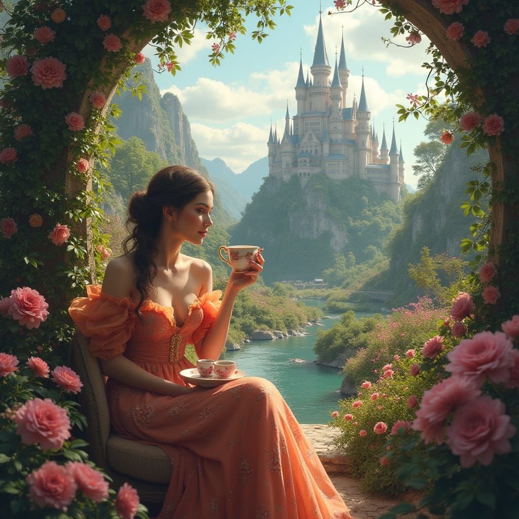 Elegant Woman's Whimsical Tea Party, Fantasy Art