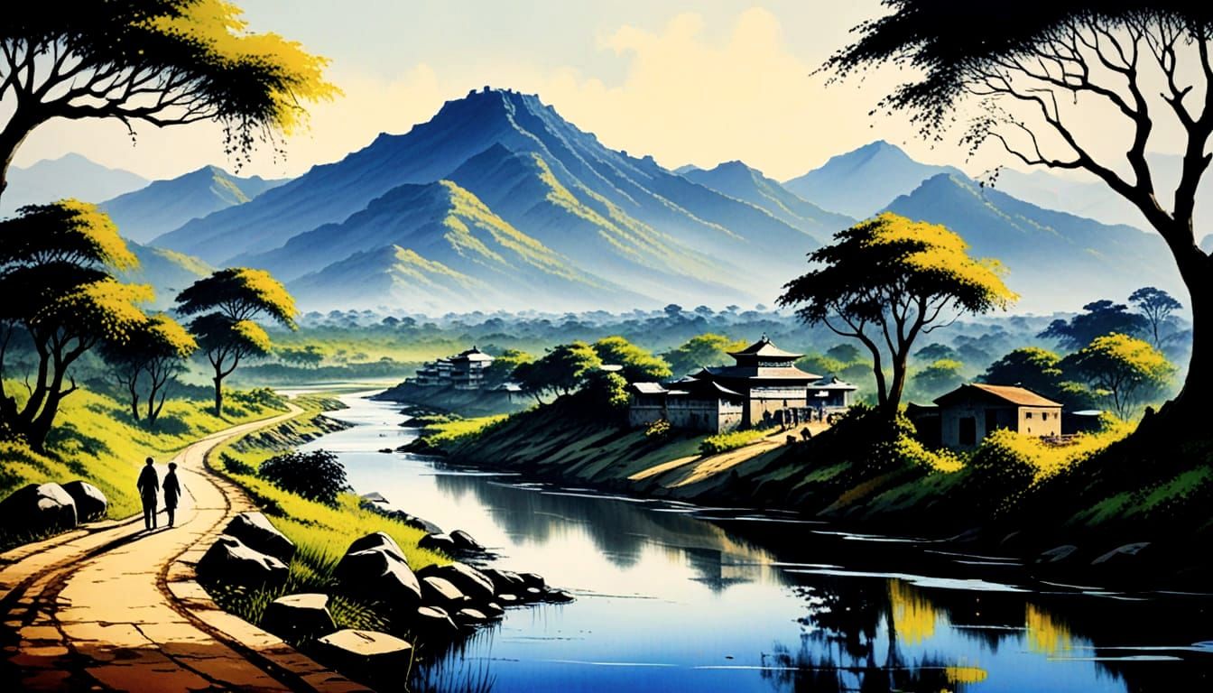 Scenic River Confluence in Ink Painting Style