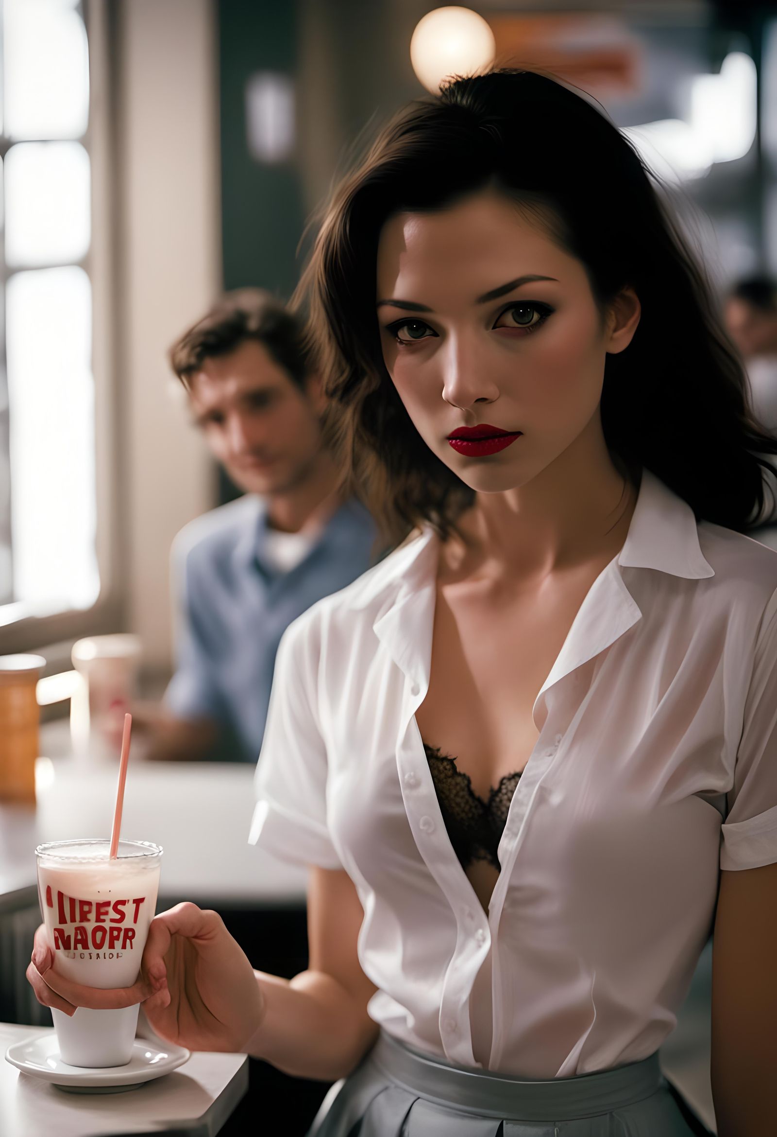 Waitress in Lace: A Cinematic, Hyperrealistic Film Still