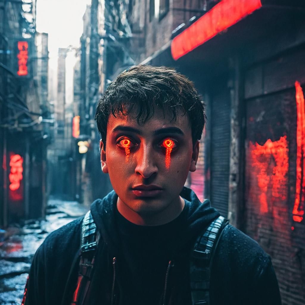 Cyberpunk Boy Portrait with Metallic Limbs and Neon Glow