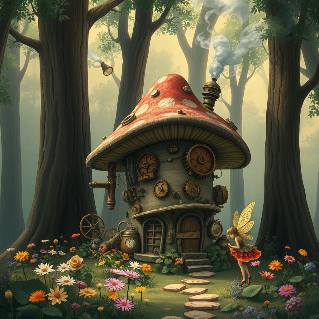 Steampunk Mushroom House in Whimsical Fantasy Setting