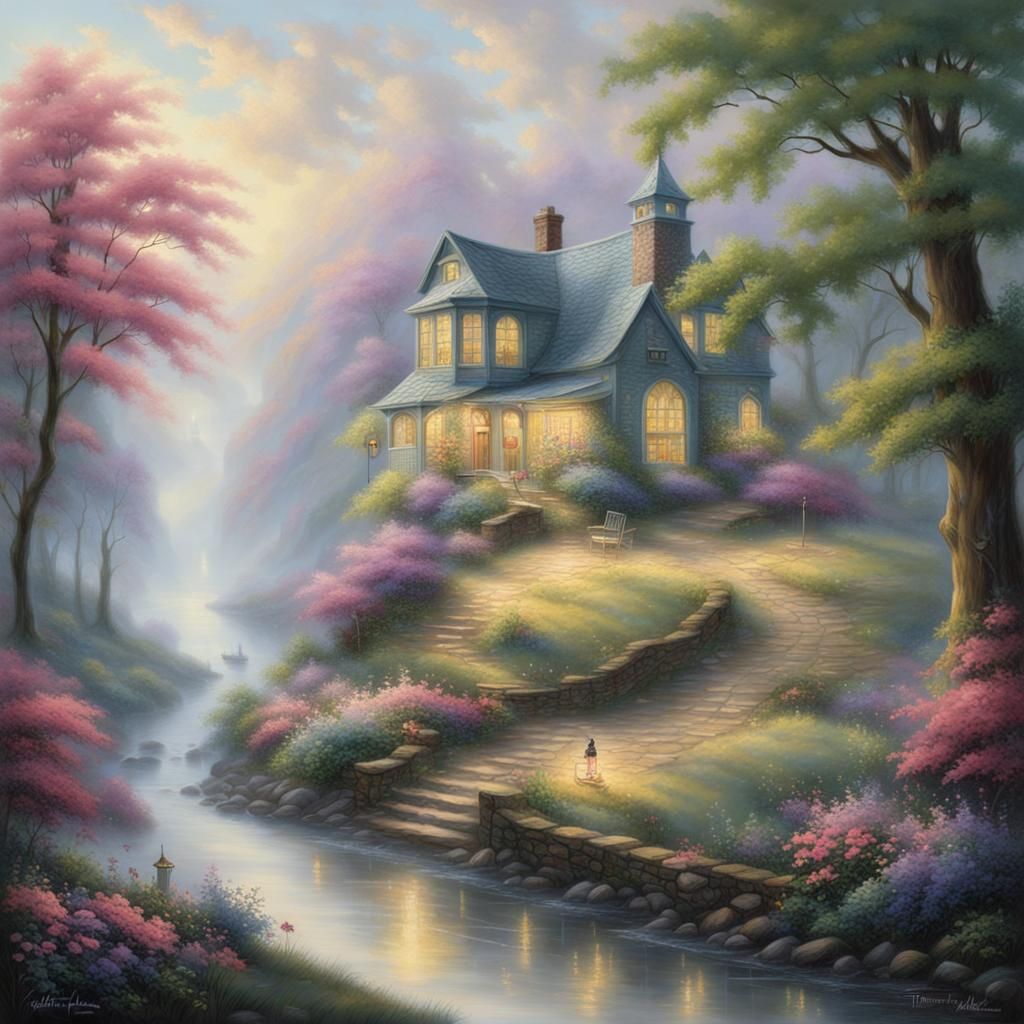 Ethereal Fantasy Landscape in Thomas Kinkade Style