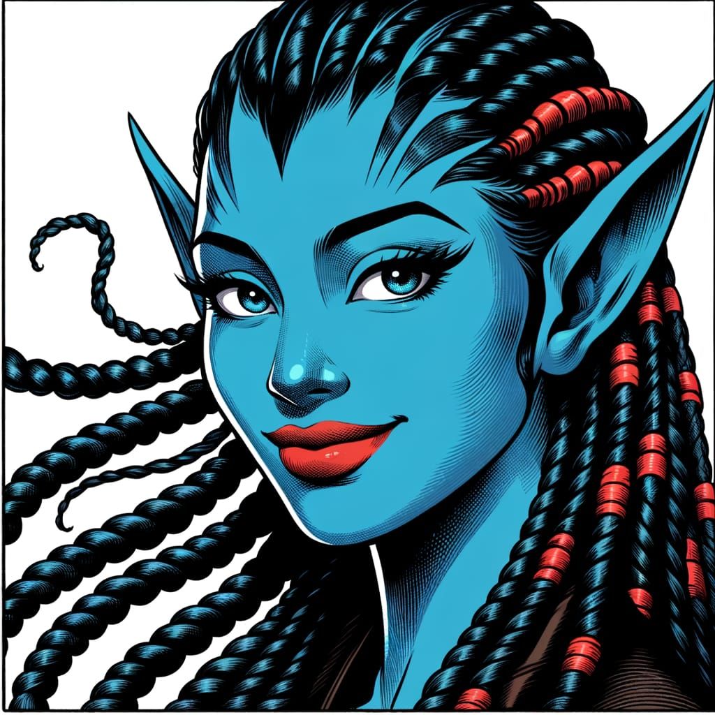 Victorian-Style Character with Braided Black Hair and Blue S...