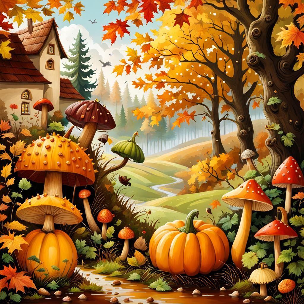 Autumn Landscape with Dragon, Hedgehog and Seasonal Items