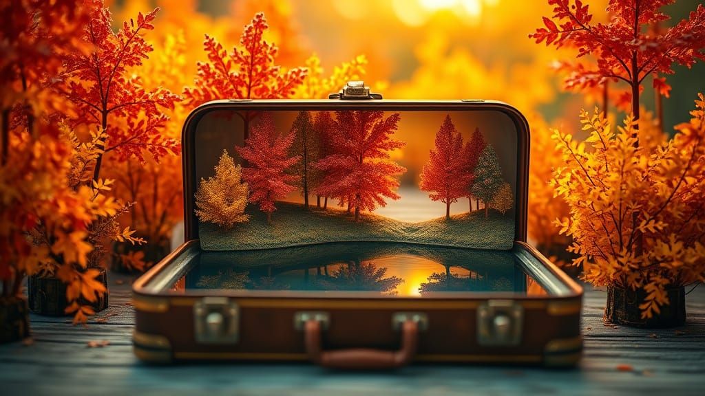 Miniature Autumn Lake Inside Suitcase as Macro Photograph