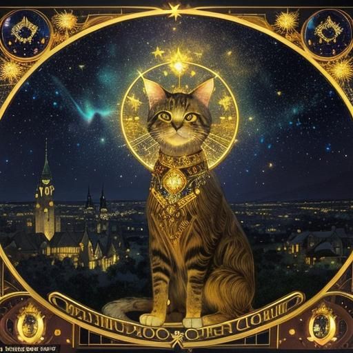 Magical Cat City Under Starry Sky, Art Nouveau