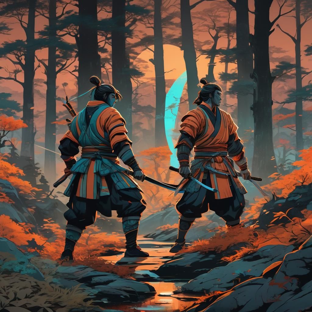 Samurai Duel in Ukiyo-e Style Sunset