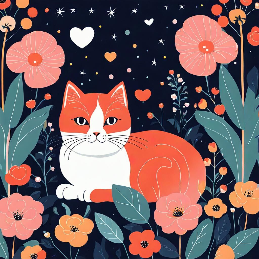 Cute Cat Surrounded by Flowers Illustration