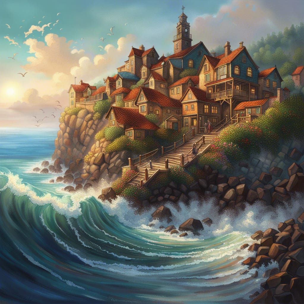 Seaside Village Vista in Splash Art Style