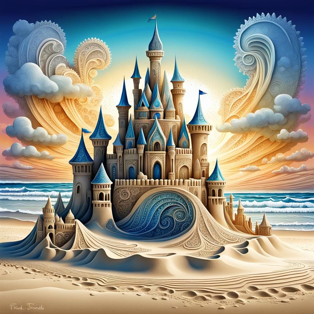 Detailed Sand Castle with Fractal Cloudscape