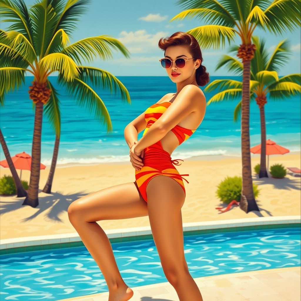 Woman in Retro Swimsuit on Vibrant Beach
