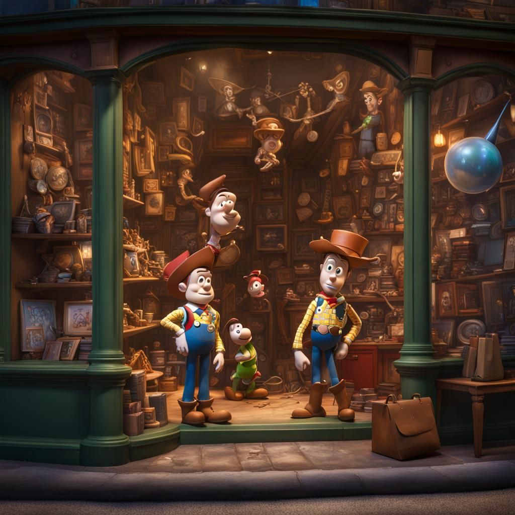 Toyshop Window Display with Pinocchio and Toy Story