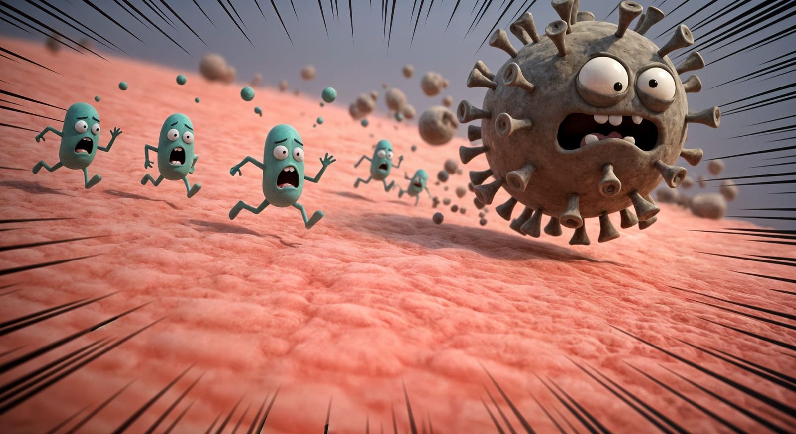 Funny Microbes Fleeing Cartoonish Corona Virus