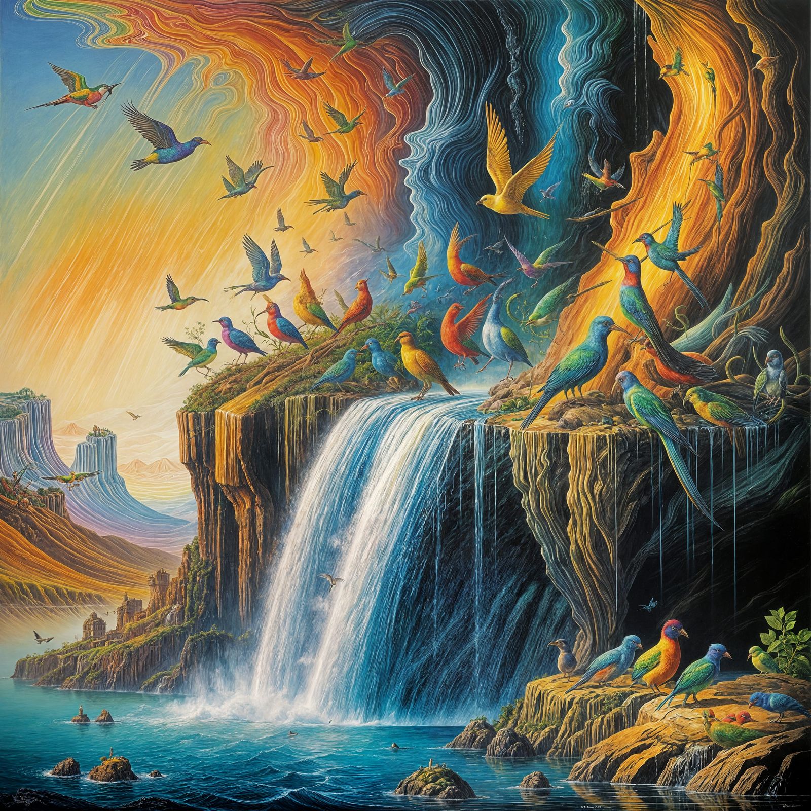 Surreal Birds Flying Over a Melting Waterfall in Vibrant Col...