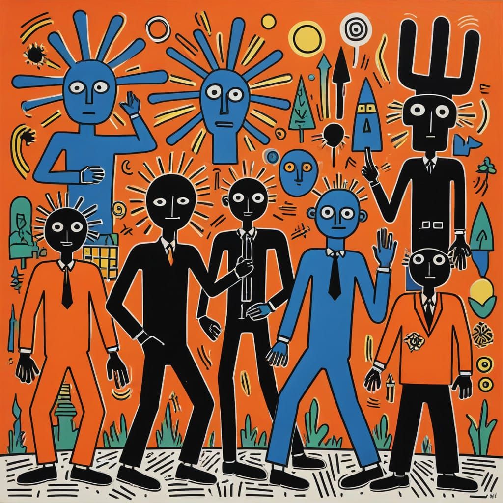 Vibrant Naive Art Figures Dance Against Bright Orange