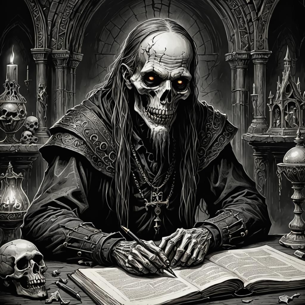 Gothic Horror Undead Scribe in Pen and Pencil Style