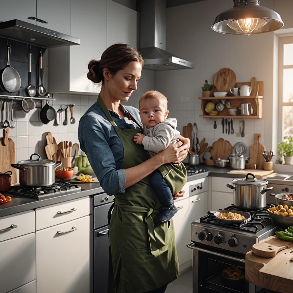 Young Mother Cooking with Baby: Matte Painting