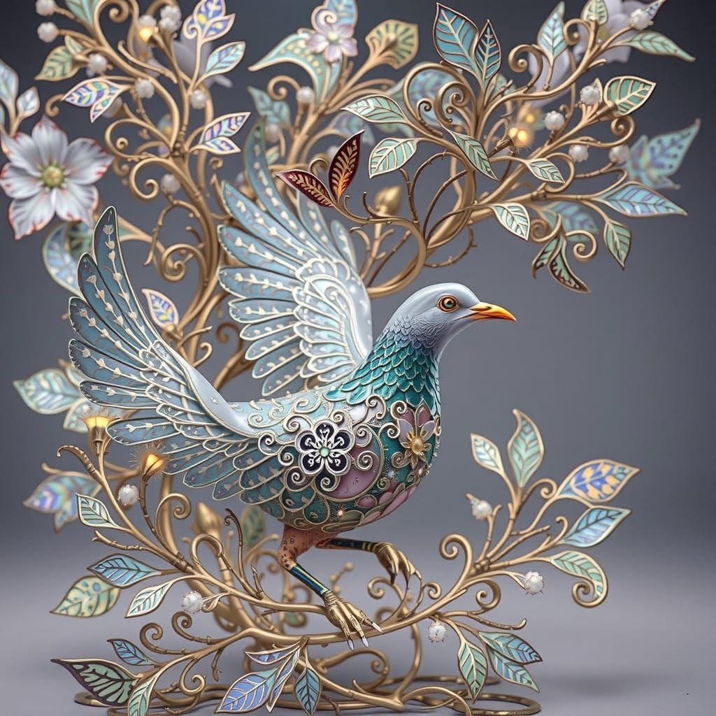 Majestic White Crowned Dove in Intricate Filigree Style