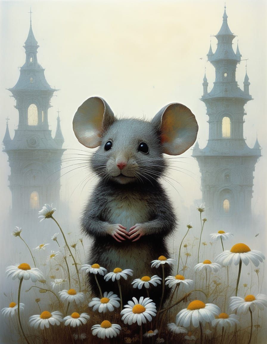 Whimsical Mouse Amidst Dreamy Daisies in Soft Focus