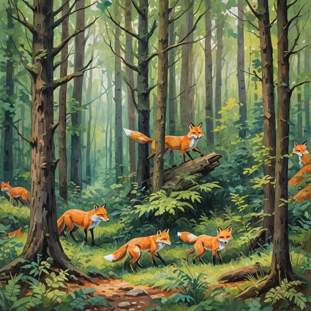 Foxes in Forest: Gouache Watercolor Impressionist Painting