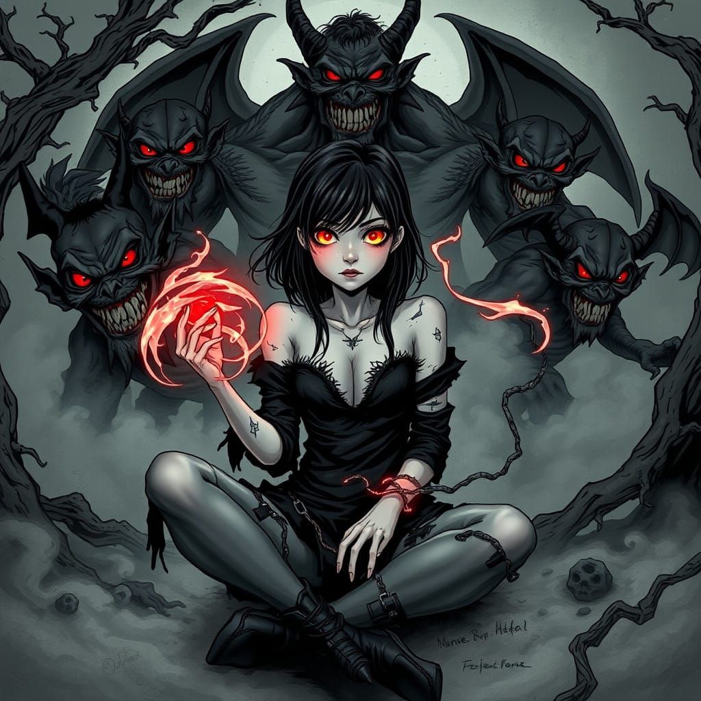 Dark Magic Warlock in Gothic Landscape with Demonic Torment