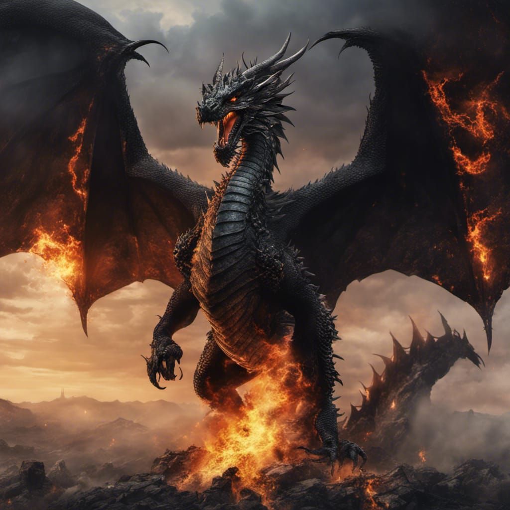 Epic Black Dragon in World War at Sunrise