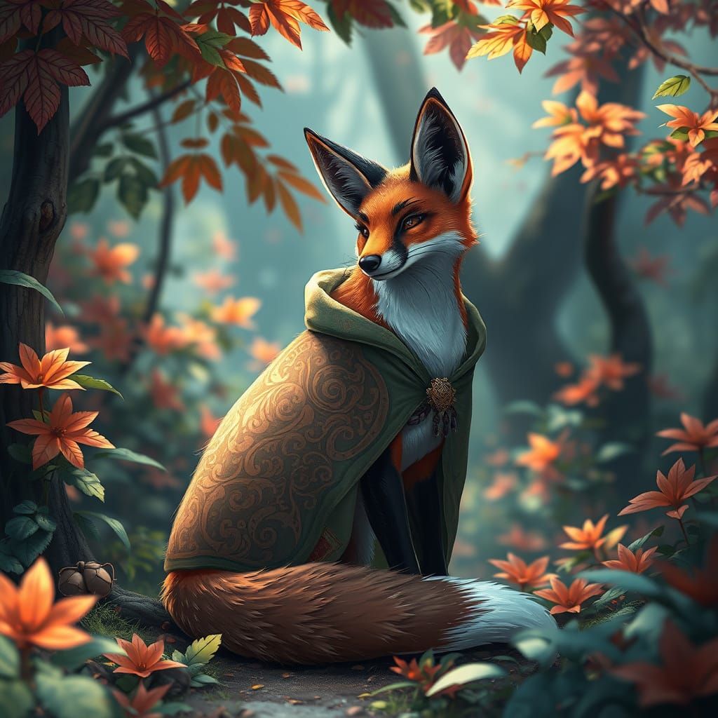 Fox in Cloak Amid Lush Forest: Anime Style