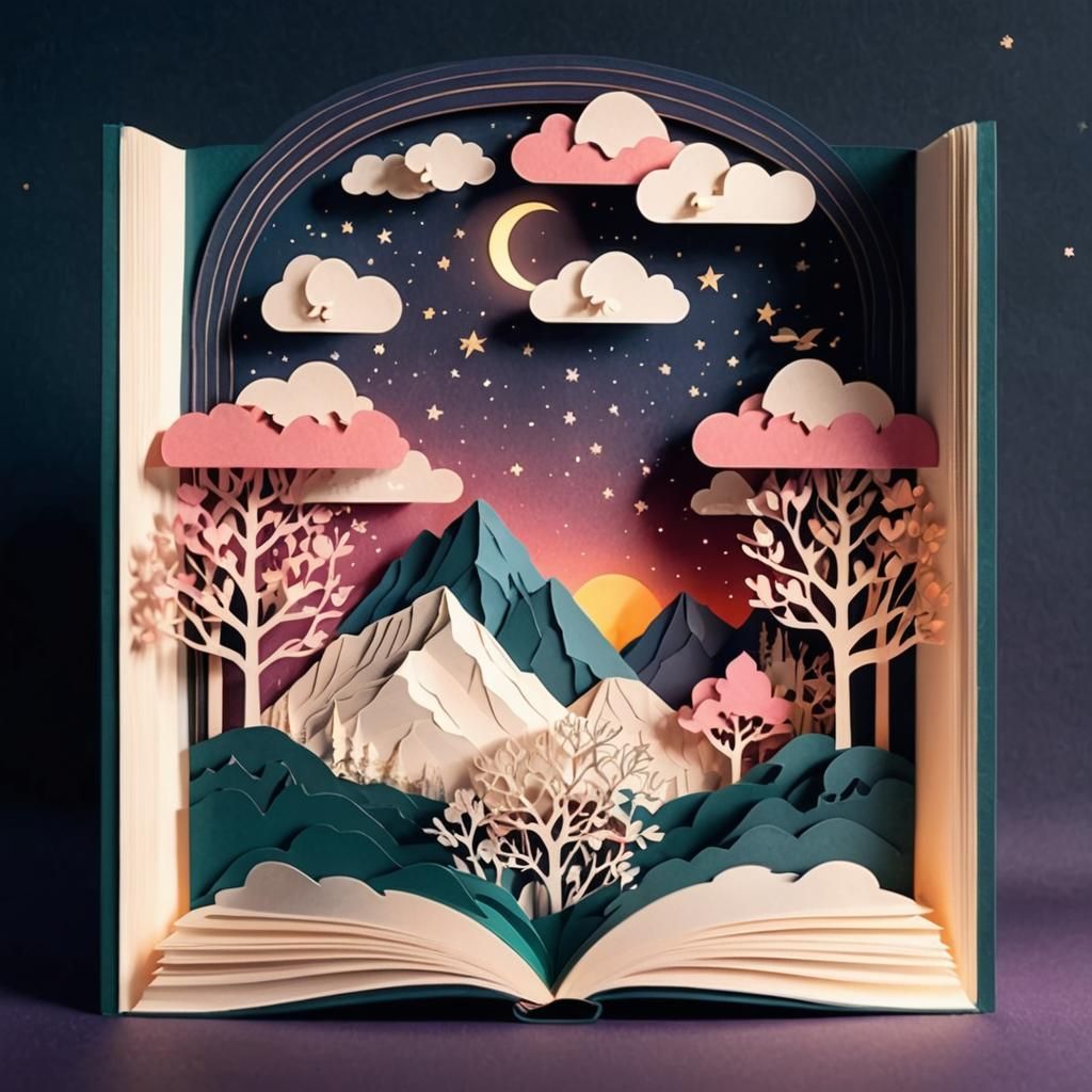Magic Night Mountain Landscape Papercut Illustration