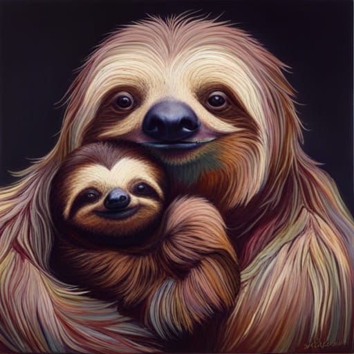 Sloth Mother and Baby in Oil Painting Style