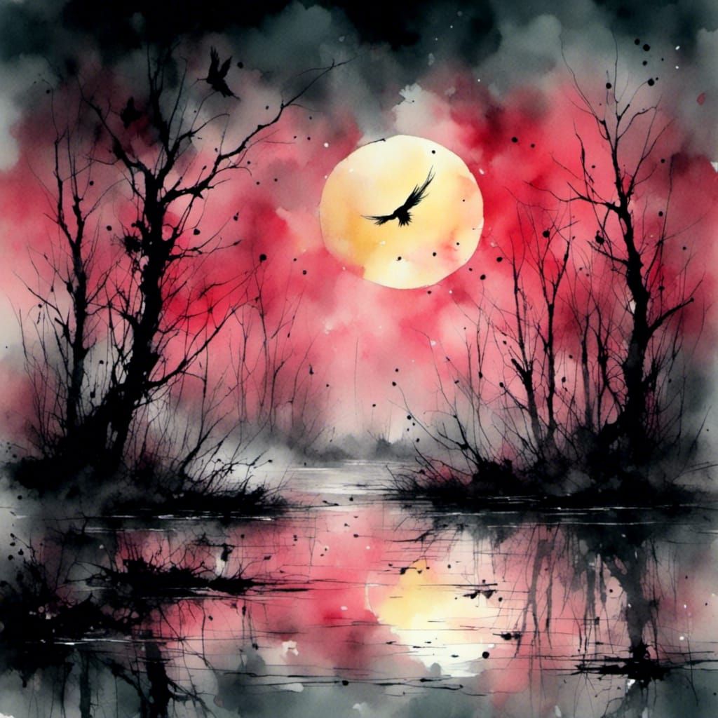 Dark Fantasy Swamp with Red Moon and Forest Nymph