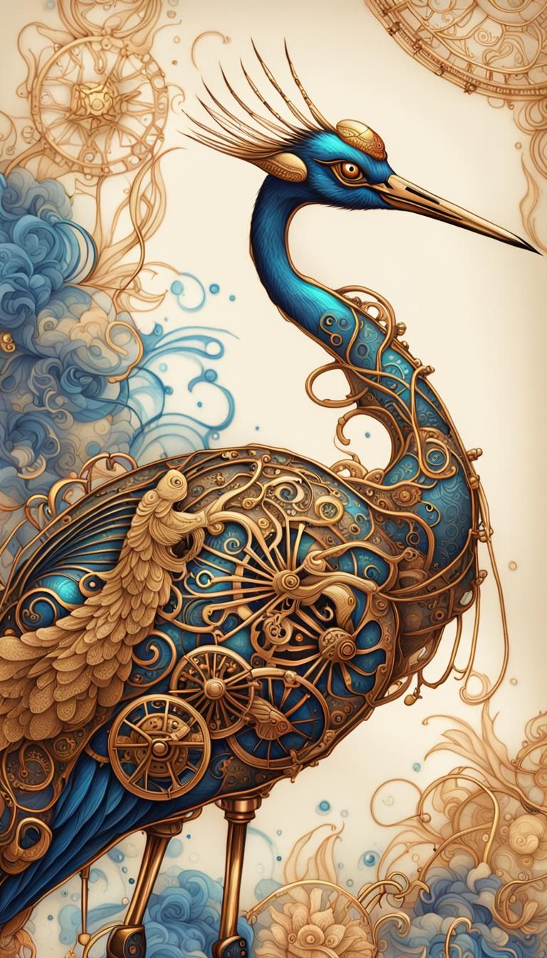 Steampunk Oriental Crane in Golden Details and Rich Textures