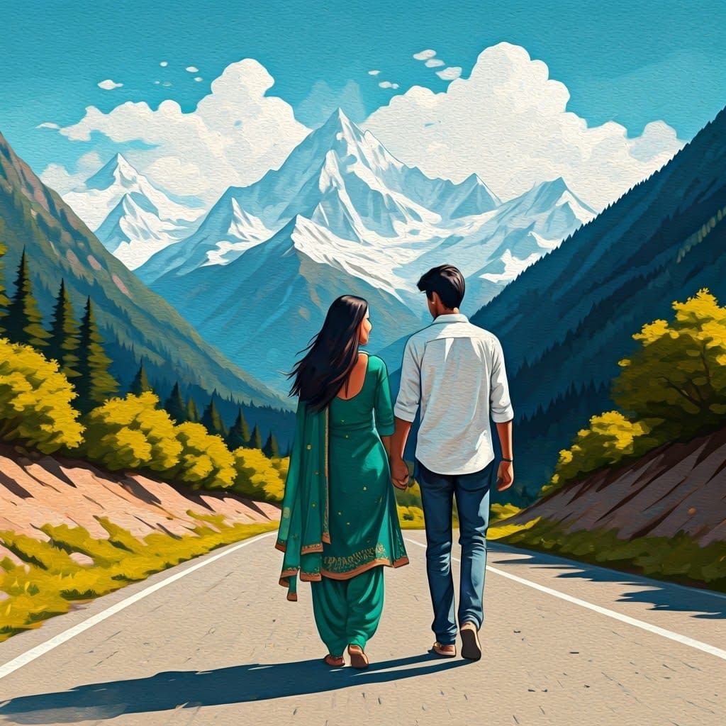 Young Indian Couple Strolls Through Majestic Mountains