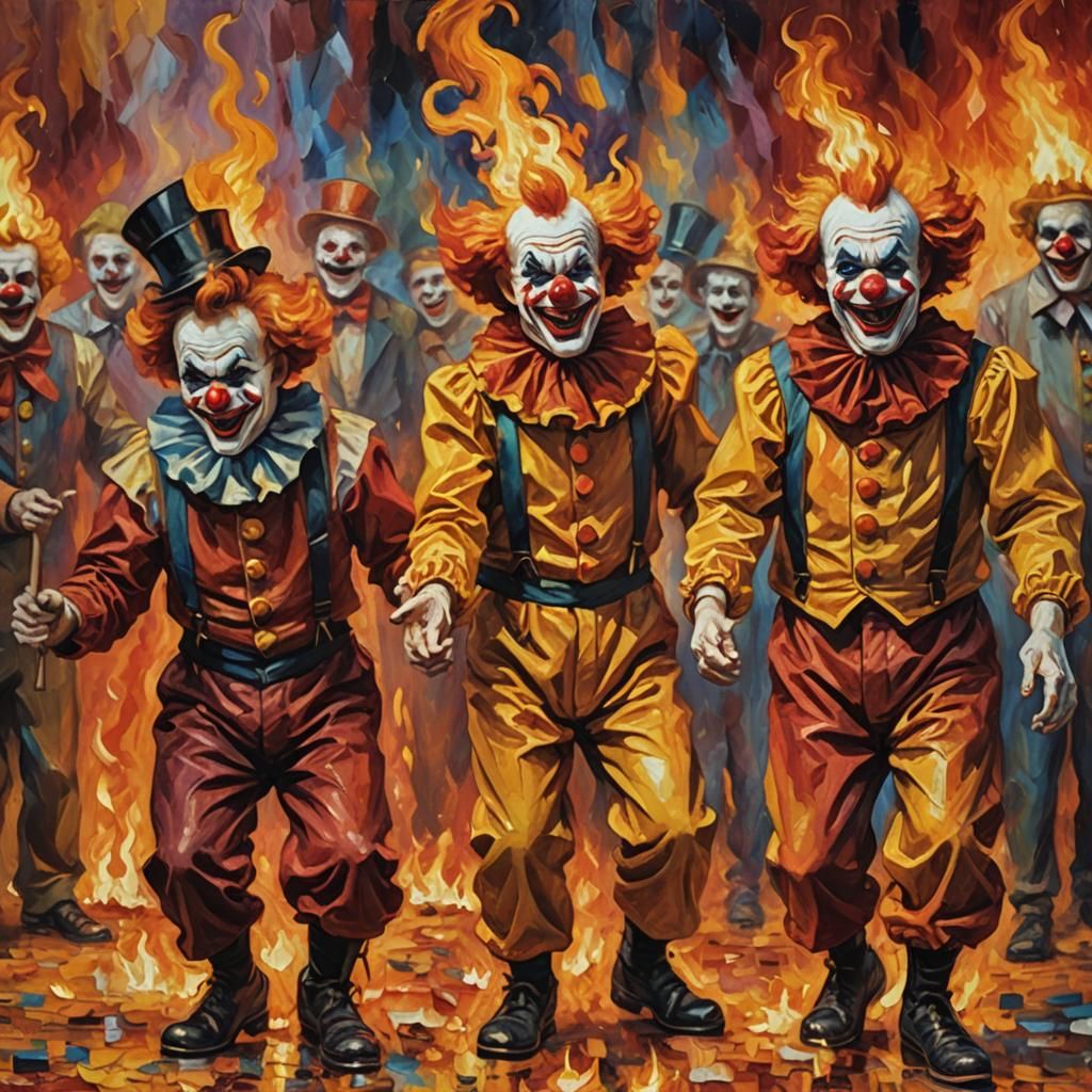 Fiery Clowns in Burning Circus: An Expressionist Oil Paintin...