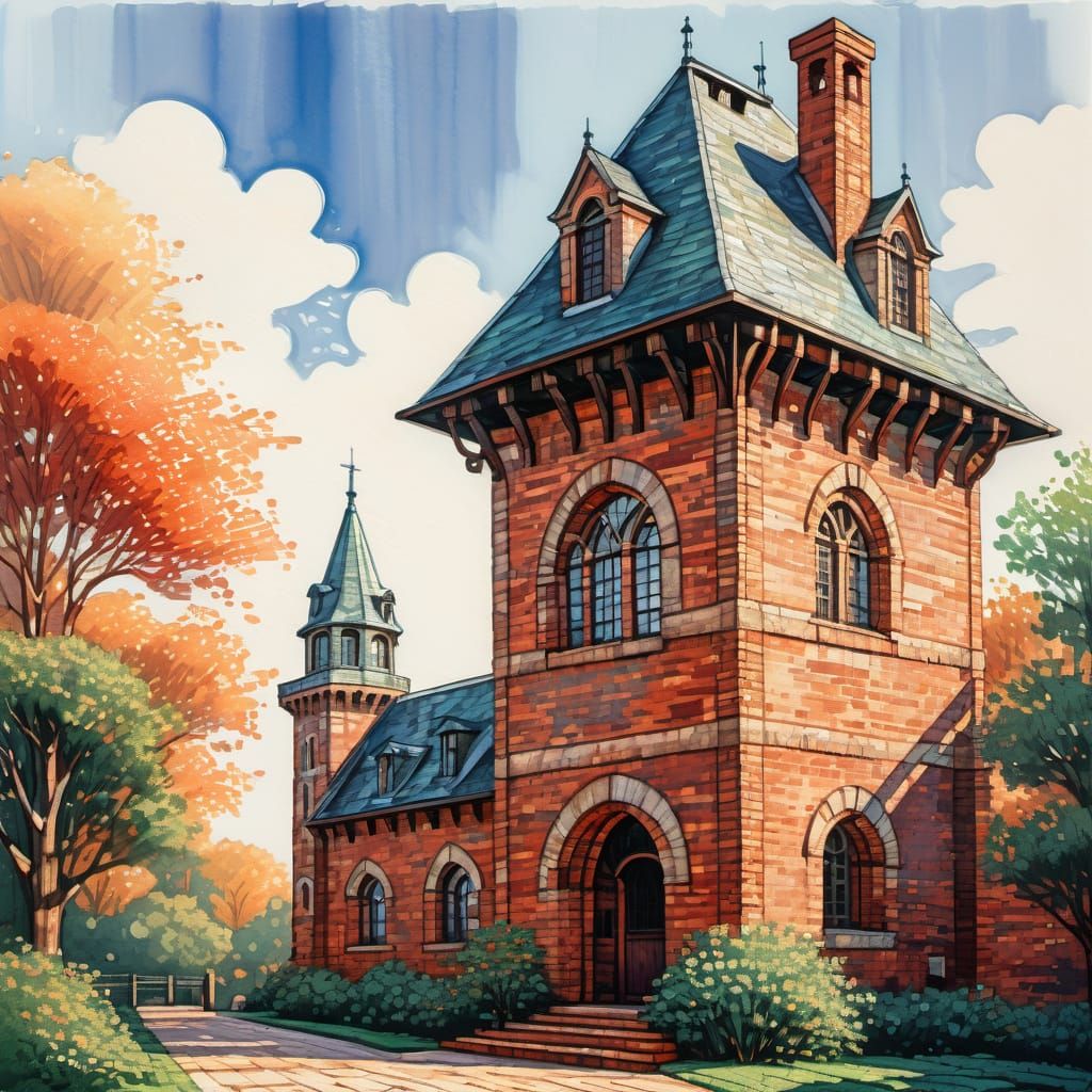 Impressionist Brick Tower in Warm Sunlight