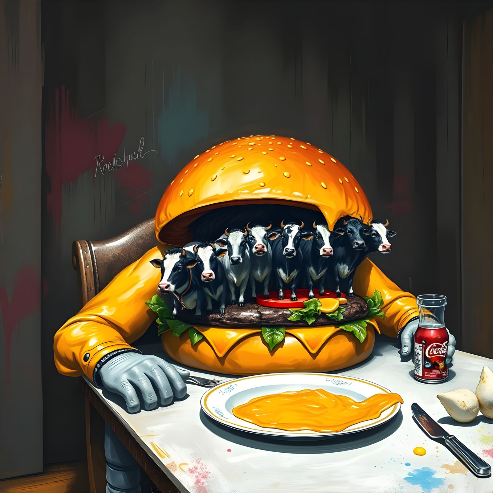 Cow Savoring Graffiti Cheeseburger Masterpiece