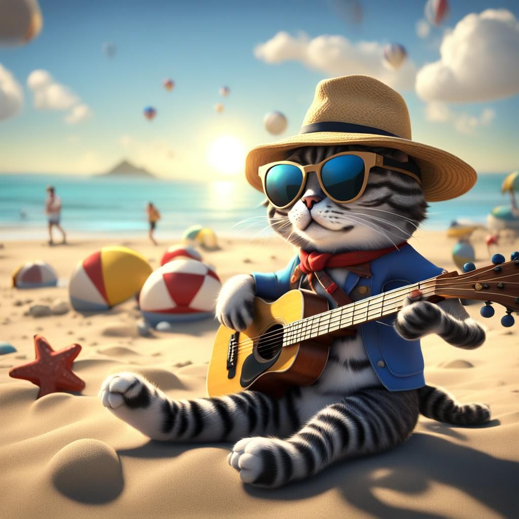Cat Plays Guitar on Beach in 3D Rendered Style