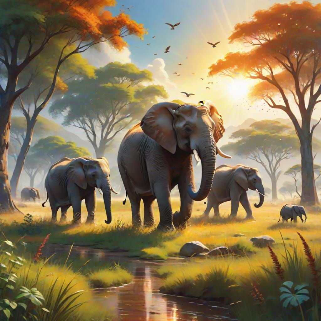 Majestic Elephants Roam a Serene Meadow Under Vibrant Sunlig...