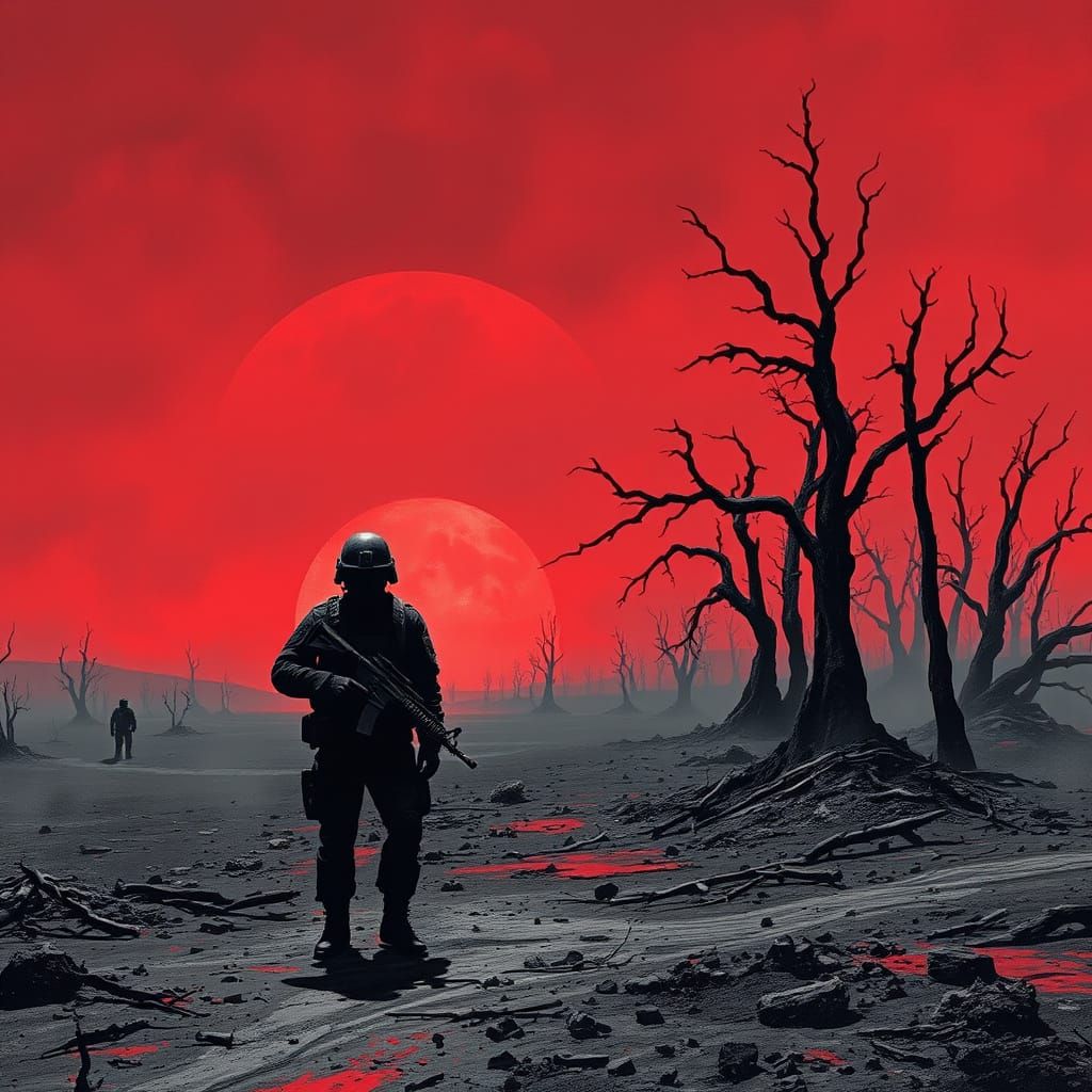 Soldier in Apocalyptic Landscape Under Blood Red Sky