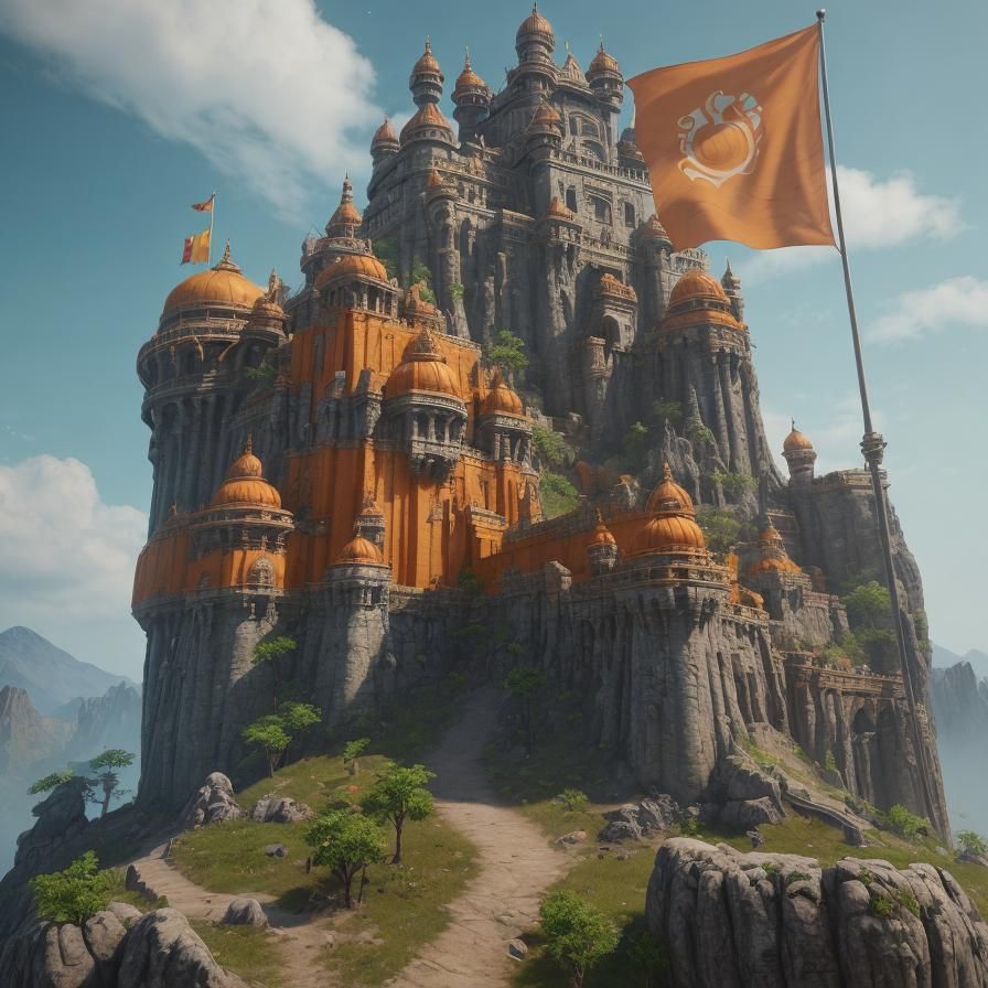 Grand Castle with Orange Flag: 3D Game Art
