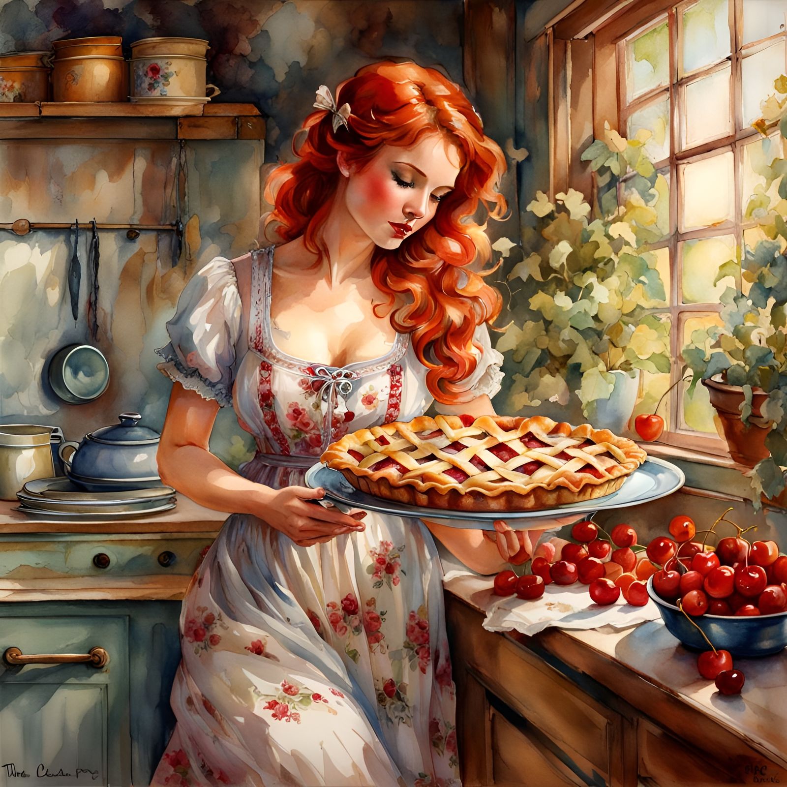Cherry Pie Held by Woman in Retro Kitchen