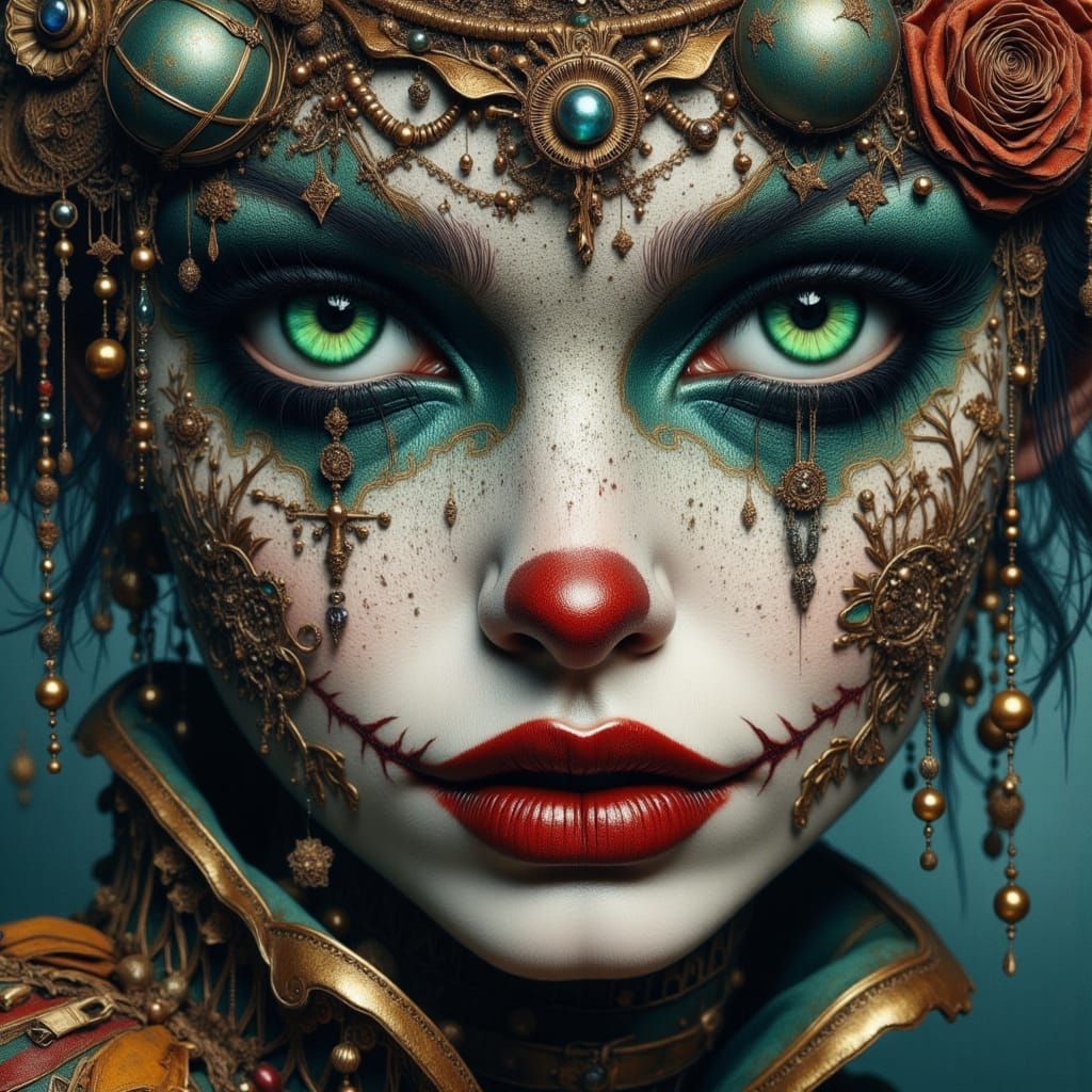 Ethereal Emerald-Eyed Pierrot Clown in Art Deco Style