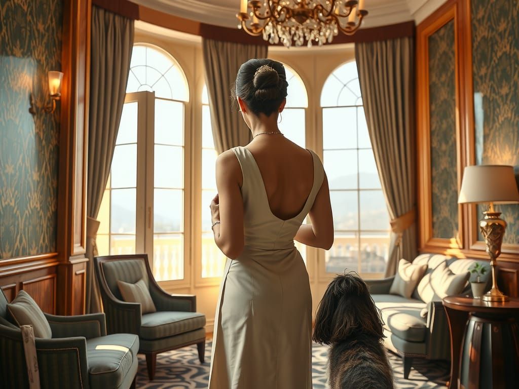 Art Deco Woman and Afghan Dog in Wes Anderson Style